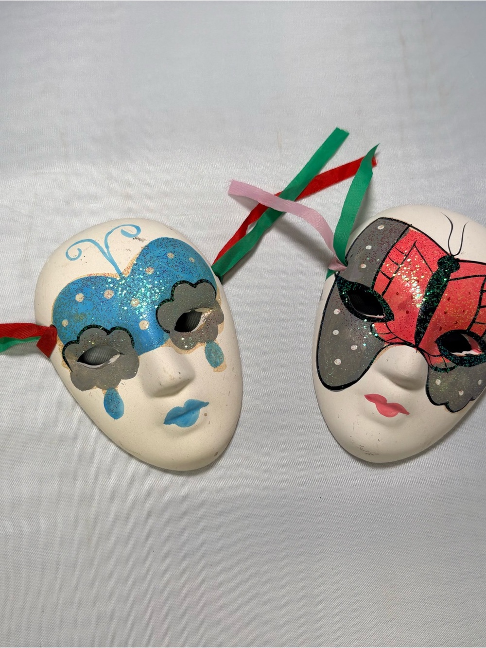 Set of 2 Vintage Hand Painted Ceramic Wall Masks Mardi Gras Deco 90's Butterfly